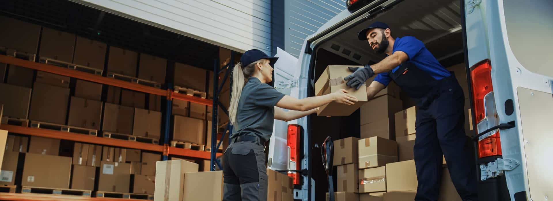 Two delivery workers unloading boxes from a commercial van outside a warehouse, representing small business operations supported by vehicle financing.