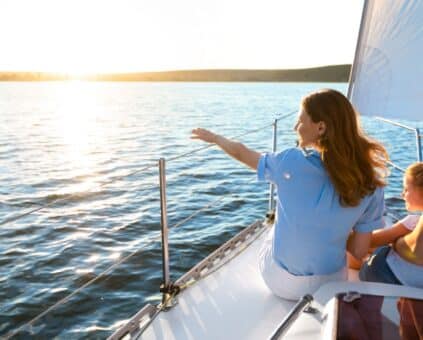 happy family on their boat in crystal clear waters after securing boat finance