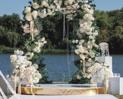 Wedding aisle set up next to the water