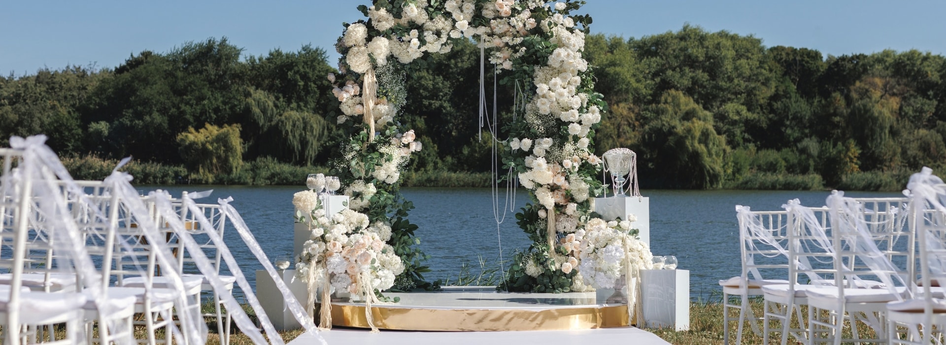Wedding aisle set up next to the water